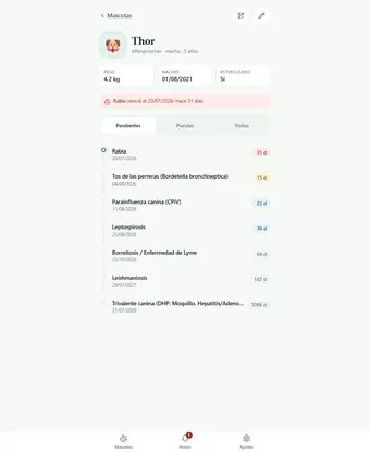 Cartilla de vacunas de la mascota en la app