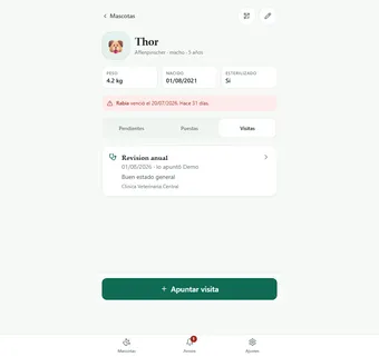 Historial de visitas al veterinario en la app