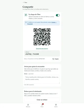 Compartir ficha de la mascota mediante código QR