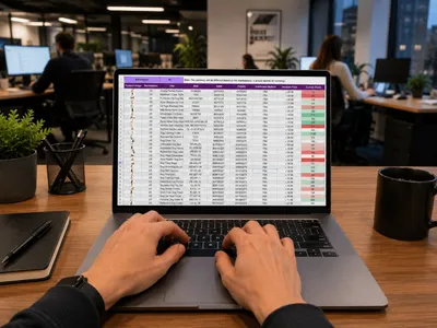 Persona trabajando con datos en un portátil, sobre un escritorio de oficina
